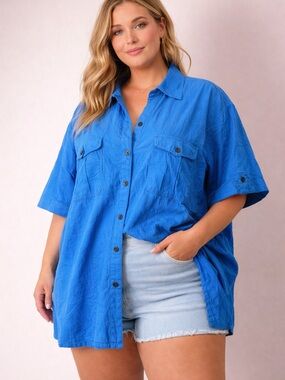 Penningtons Blue Button Up Blouse Oversized Relaxed Short Sleeve Top